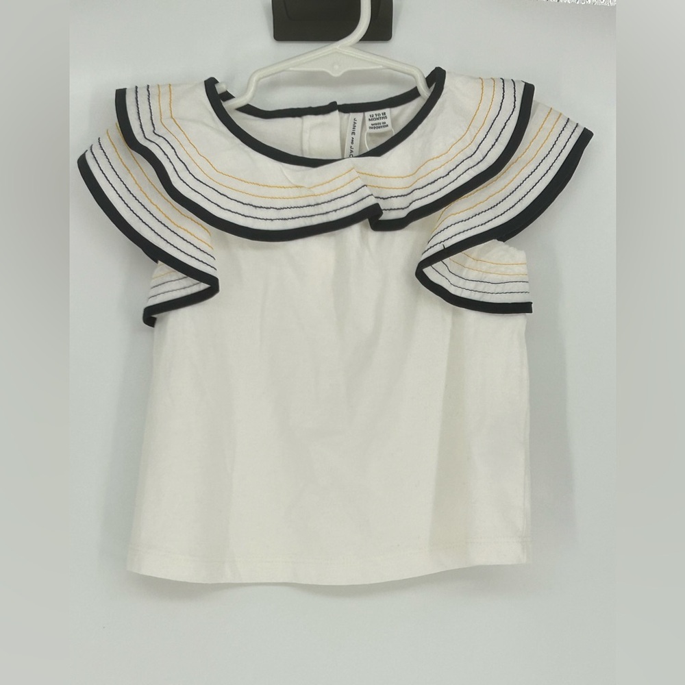 "NWT"Janie and Jack White Ruffle Top with Navy Trim- Size 12 to 18 Months Cute